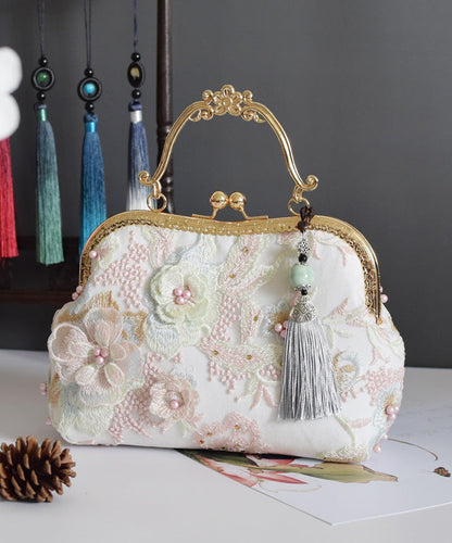 New Retro Beige Lace Embroidered Nail Bead Tote Bag