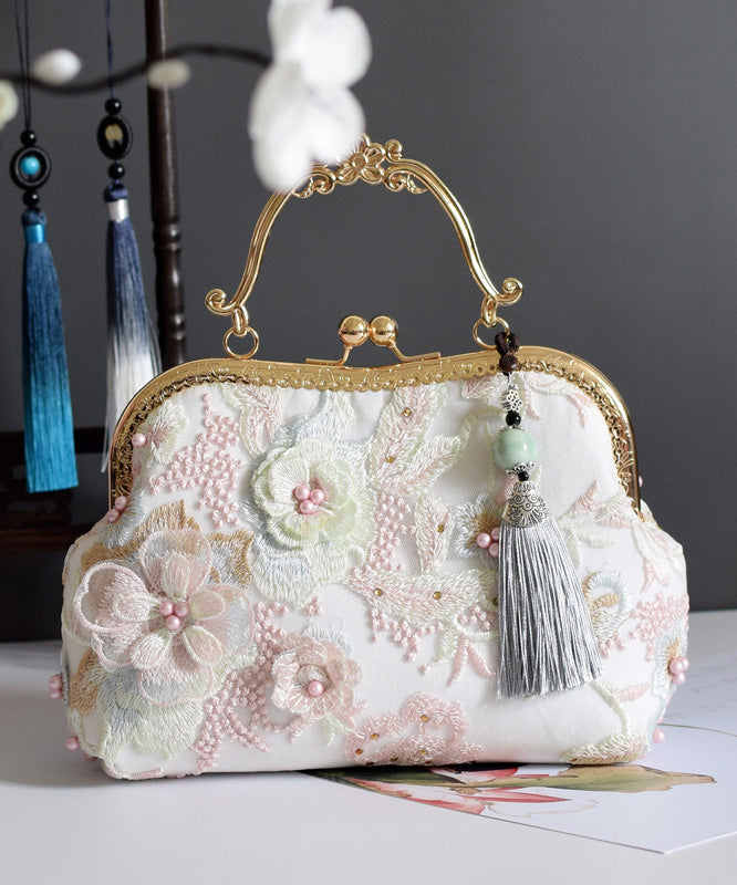 New Retro Beige Lace Embroidered Nail Bead Tote Bag