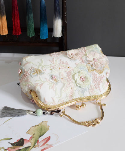 New Retro Beige Lace Embroidered Nail Bead Tote Bag