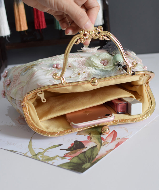 New Retro Beige Lace Embroidered Nail Bead Tote Bag