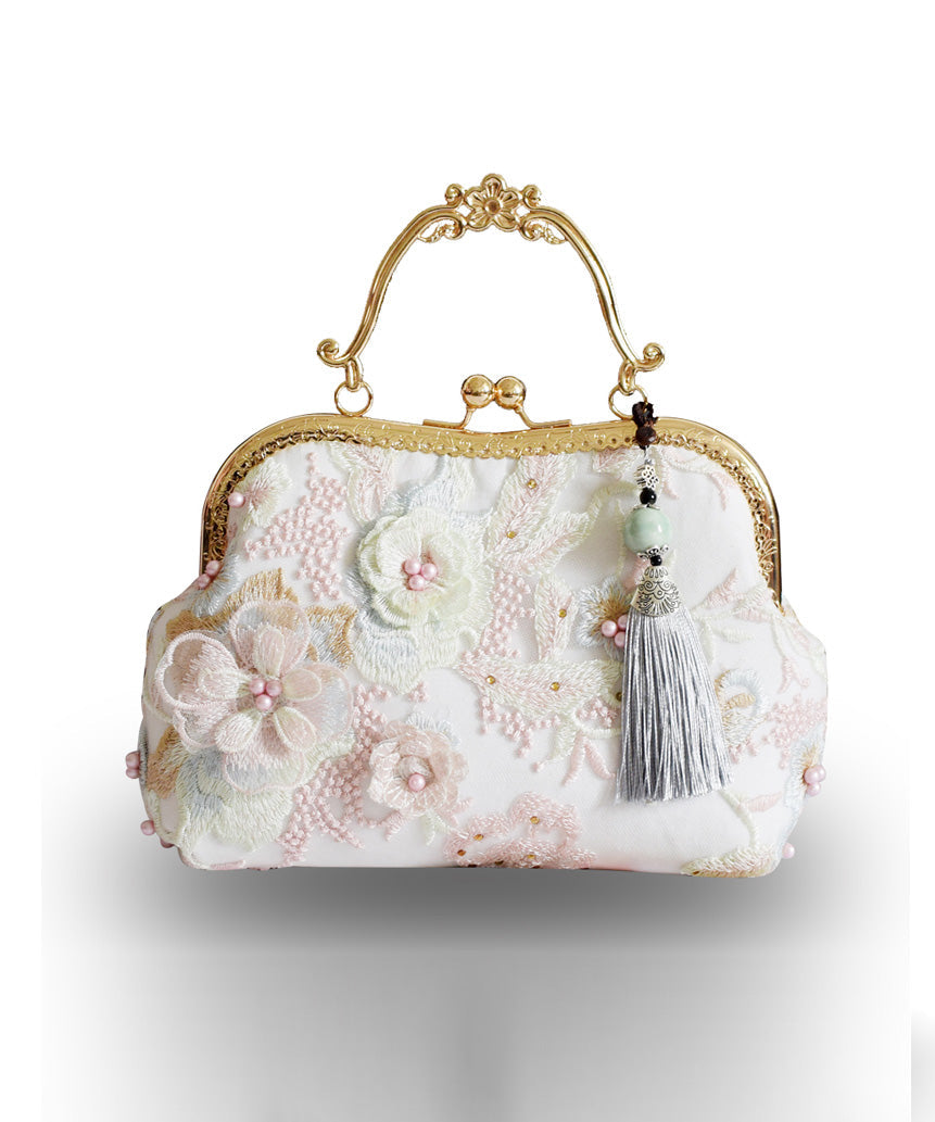 New Retro Beige Lace Embroidered Nail Bead Tote Bag