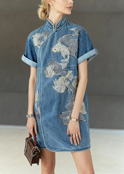 New Retro Blue Mandarin Collar Embroidered Denim Mini Dress Summer