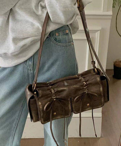 New Retro Brown Pockets Bow Faux Leather Satchel Handbag