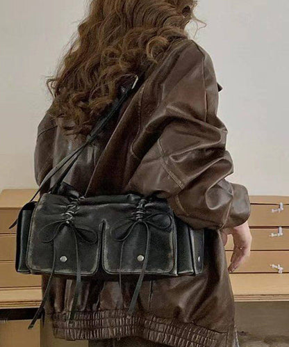 New Retro Brown Pockets Bow Faux Leather Satchel Handbag