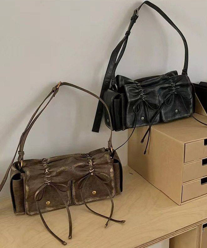 New Retro Brown Pockets Bow Faux Leather Satchel Handbag