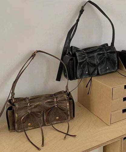 New Retro Brown Pockets Bow Faux Leather Satchel Handbag