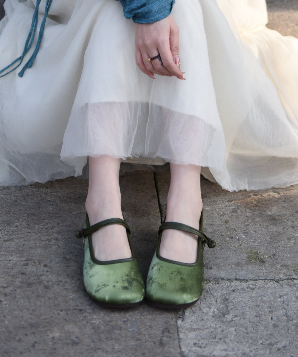 New Retro Green Buckle Strap Splicing Soft Flat Shoes