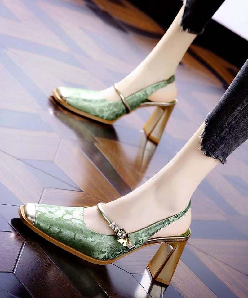 New Retro Green Print Faux Leather Splicing Chunky Heel Sandals