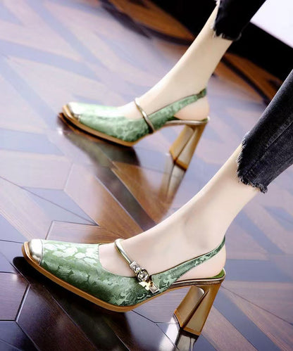 New Retro Green Print Faux Leather Splicing Chunky Heel Sandals