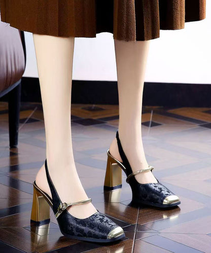 New Retro Green Print Faux Leather Splicing Chunky Heel Sandals