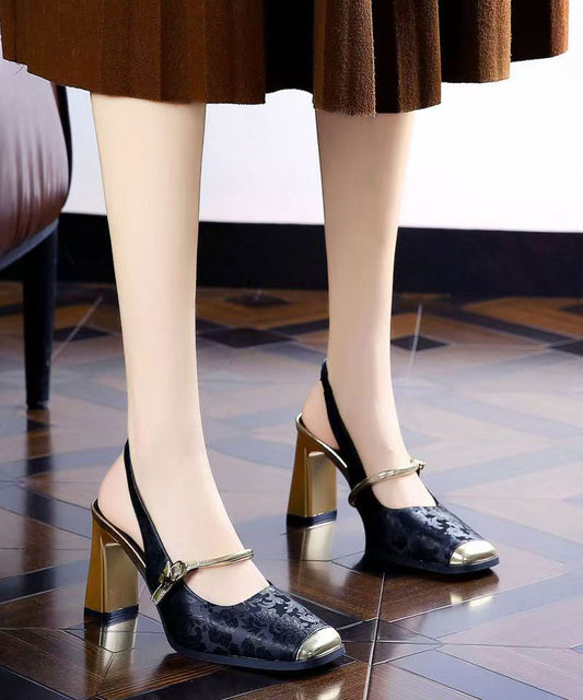 New Retro Green Print Faux Leather Splicing Chunky Heel Sandals