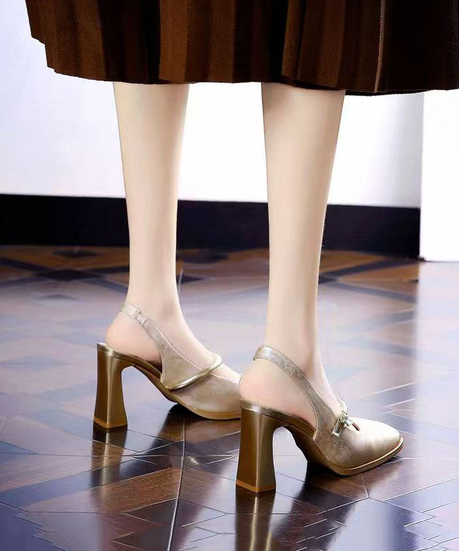 New Retro Green Print Faux Leather Splicing Chunky Heel Sandals