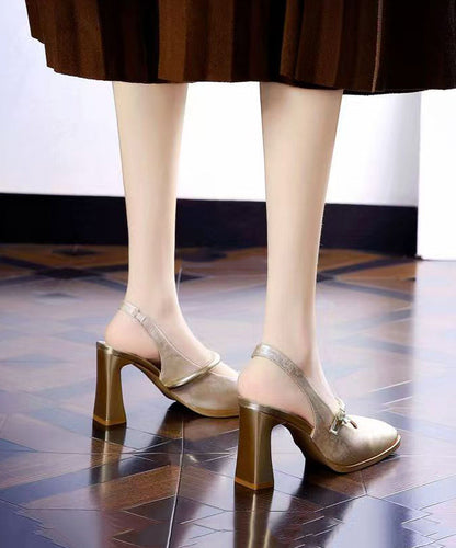 New Retro Green Print Faux Leather Splicing Chunky Heel Sandals