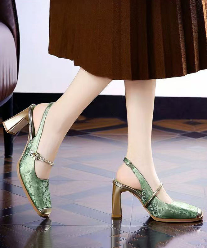 New Retro Green Print Faux Leather Splicing Chunky Heel Sandals