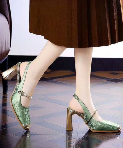 New Retro Green Print Faux Leather Splicing Chunky Heel Sandals