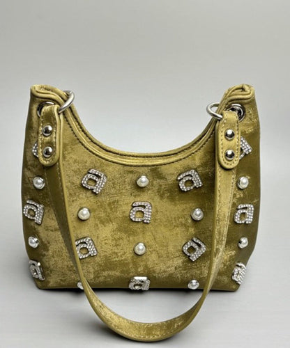 New Retro Green Satin Letter Zircon Shoulder Bag