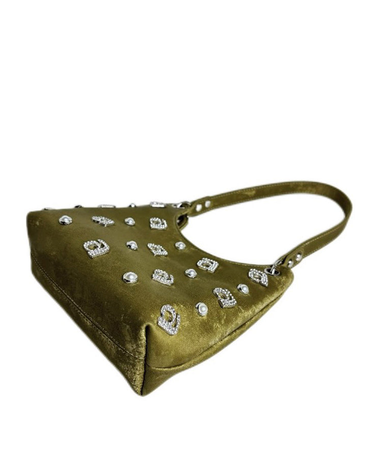 New Retro Green Satin Letter Zircon Shoulder Bag