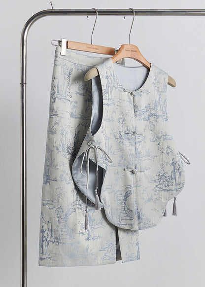 New Retro Grey Jacquard Cotton Two Pieces Set Fall