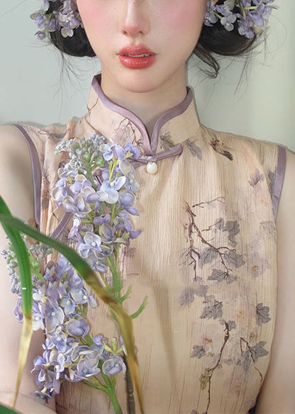 Neue ärmellose Cheongsam-Kleider aus Baumwolle mit Retro-Khaki-Print