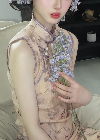 Neue ärmellose Cheongsam-Kleider aus Baumwolle mit Retro-Khaki-Print