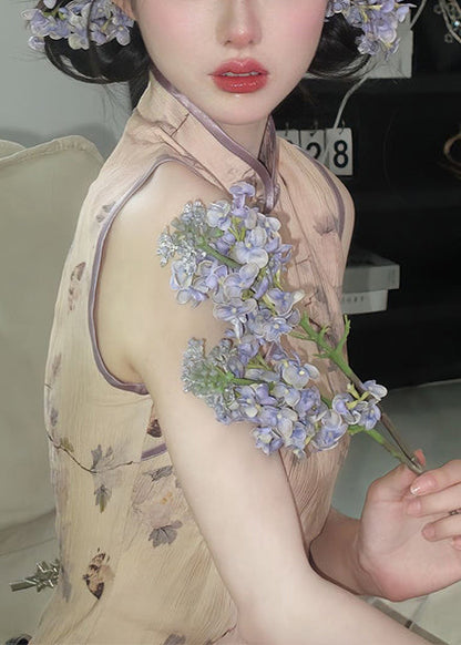 Neue ärmellose Cheongsam-Kleider aus Baumwolle mit Retro-Khaki-Print