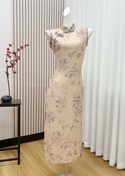 Neue ärmellose Cheongsam-Kleider aus Baumwolle mit Retro-Khaki-Print