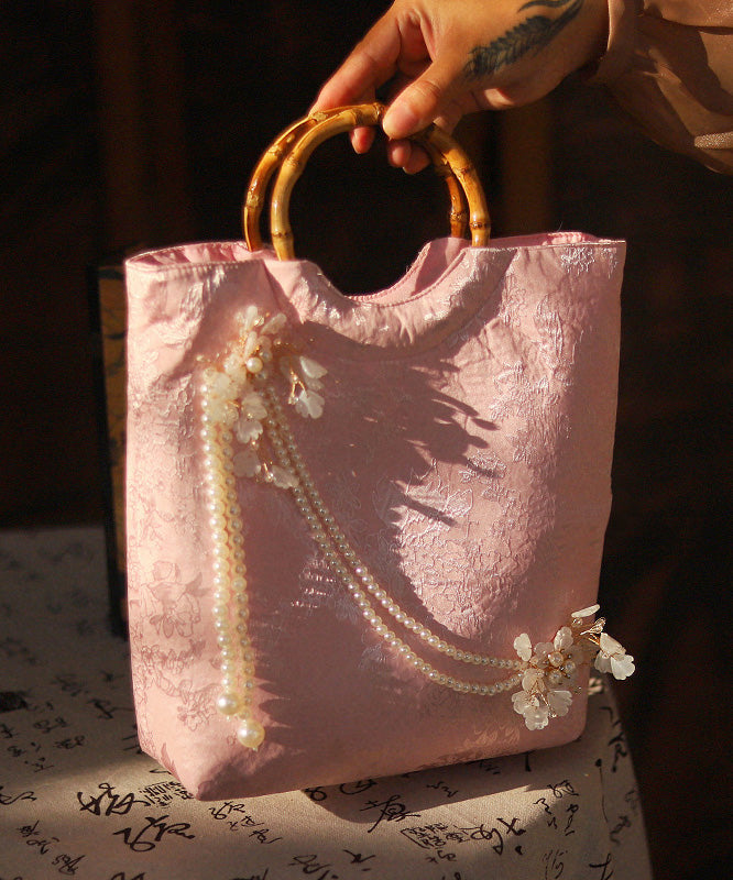 New Retro Pink Embroidered Bead Decorated Tote Bag