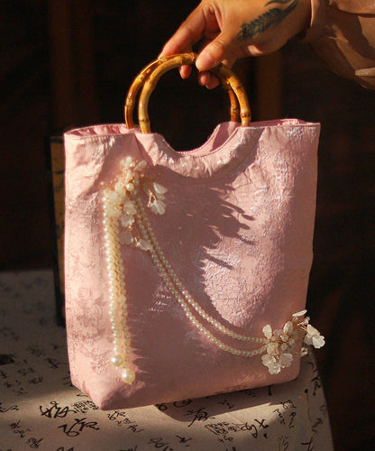 New Retro Pink Embroidered Bead Decorated Tote Bag