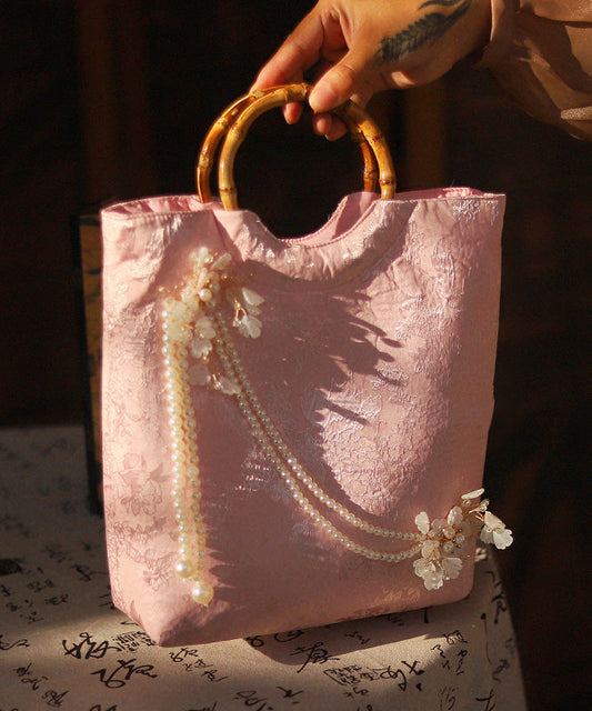 New Retro Pink Embroidered Bead Decorated Tote Bag