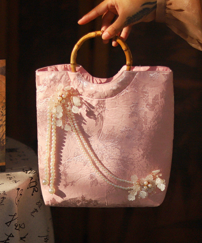 New Retro Pink Embroidered Bead Decorated Tote Bag