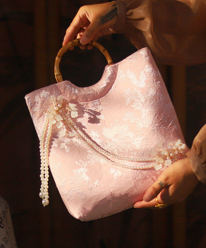 New Retro Pink Embroidered Bead Decorated Tote Bag