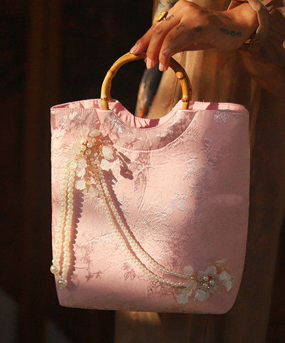 New Retro Pink Embroidered Bead Decorated Tote Bag