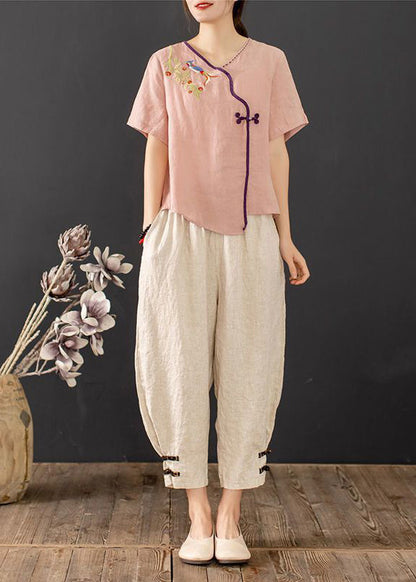 New Retro Pink Embroidered Chinese Button 2 Piece Outfit Summer