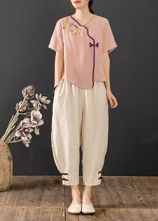 New Retro Pink Embroidered Chinese Button 2 Piece Outfit Summer