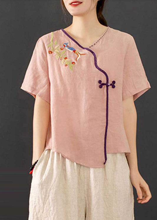 New Retro Pink Embroidered Chinese Button 2 Piece Outfit Summer