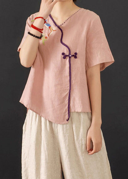 New Retro Pink Embroidered Chinese Button 2 Piece Outfit Summer