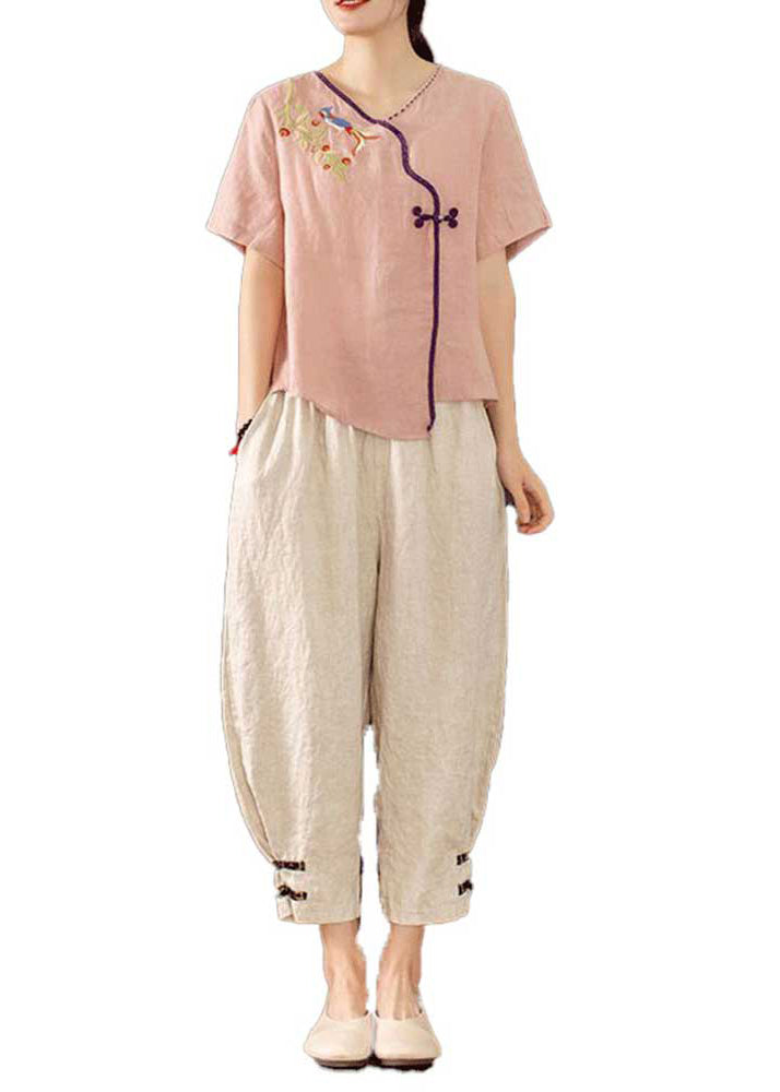 New Retro Pink Embroidered Chinese Button 2 Piece Outfit Summer