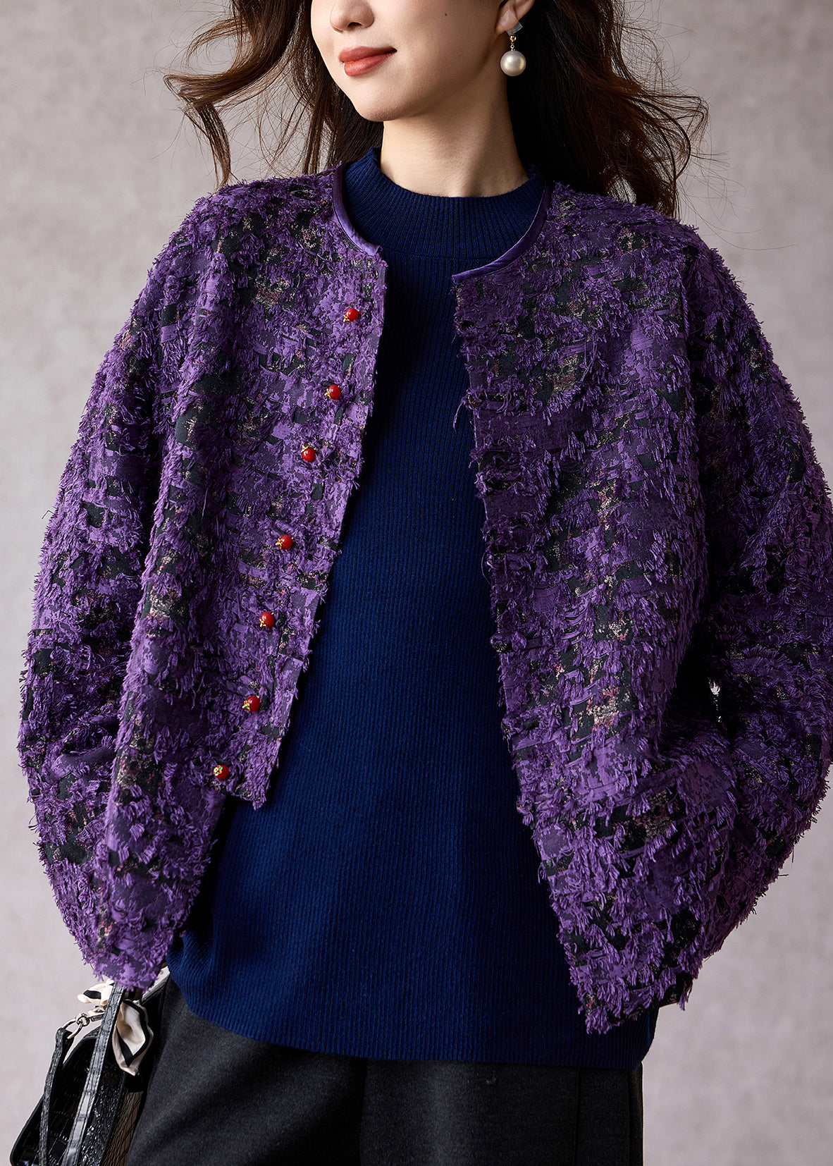New Retro Purple O Neck Jacquard Cotton Coat Spring