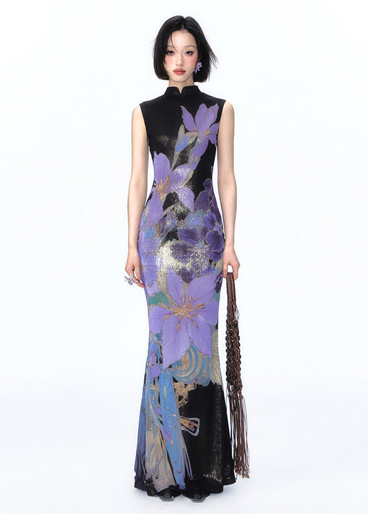 New Retro Purple Print Hollow Out Wear On Both Sides Dresses Summer