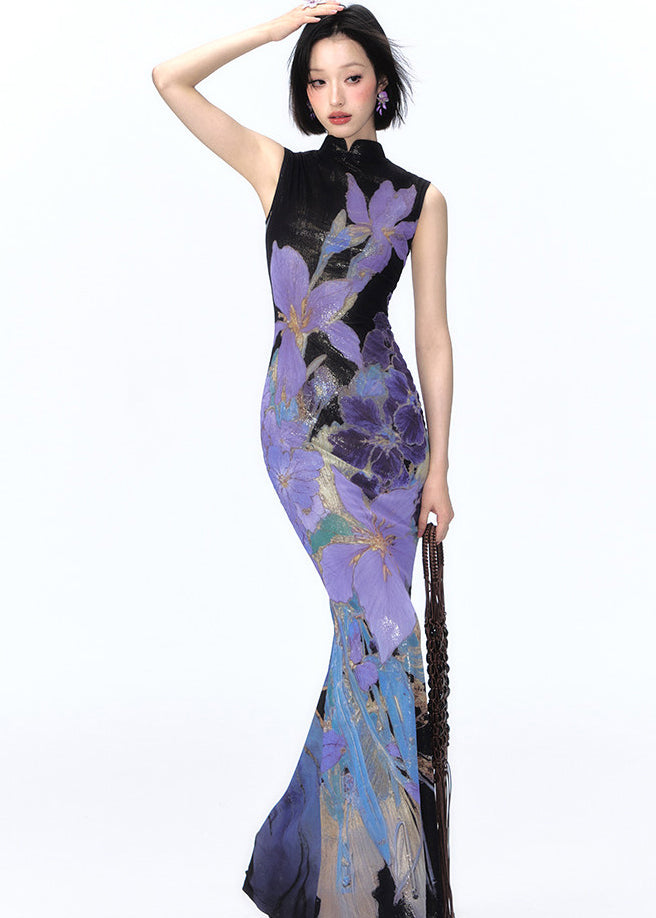 New Retro Purple Print Hollow Out Wear On Both Sides Dresses Summer