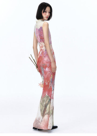 New Retro Purple Print Hollow Out Wear On Both Sides Dresses Summer