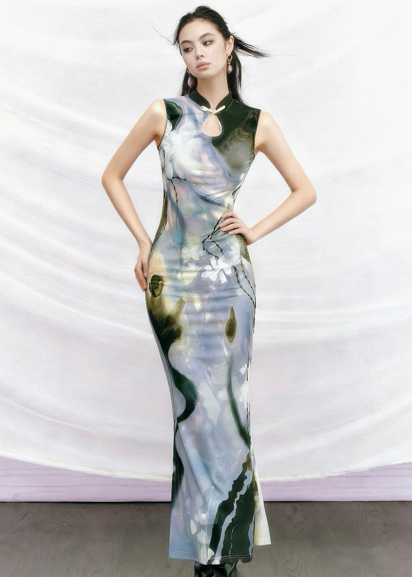 New Retro Purple Stand Collar Print Slim Tulle Dress Summer