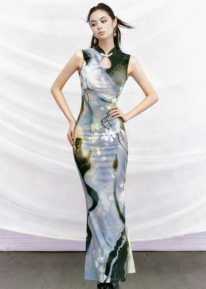 New Retro Purple Stand Collar Print Slim Tulle Dress Summer