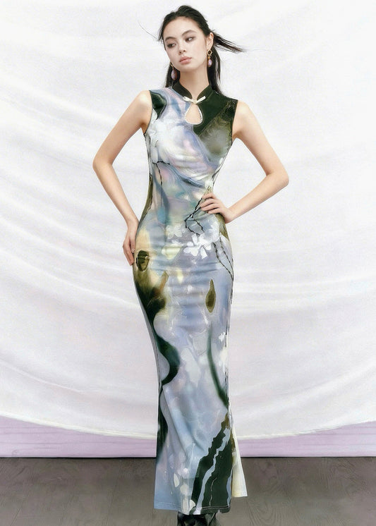 New Retro Purple Stand Collar Print Slim Tulle Dress Summer