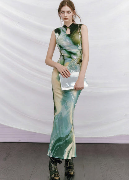 New Retro Purple Stand Collar Print Slim Tulle Dress Summer