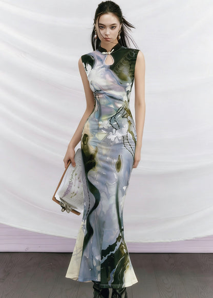 New Retro Purple Stand Collar Print Slim Tulle Dress Summer