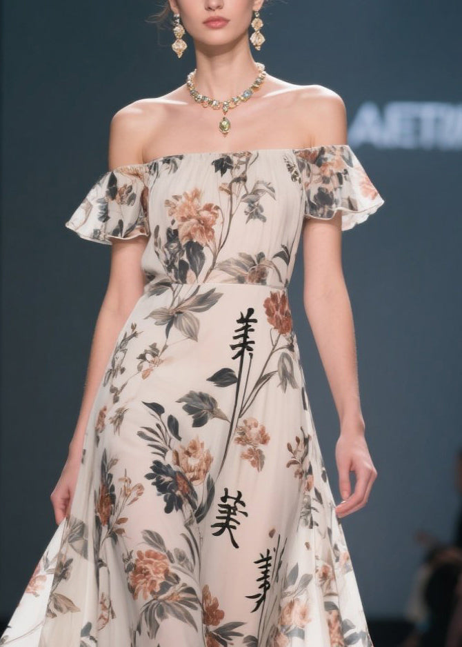 New Retro White Cold Shoulder Print Chiffon Party Dress Summer