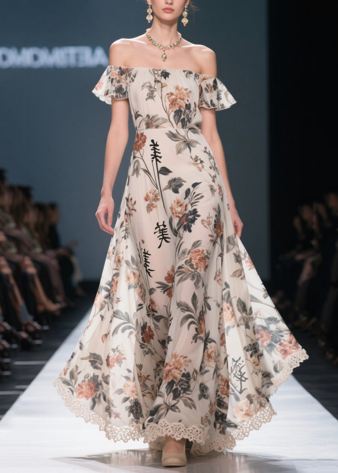 New Retro White Cold Shoulder Print Chiffon Party Dress Summer