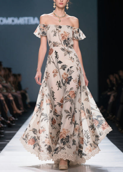 New Retro White Cold Shoulder Print Chiffon Party Dress Summer