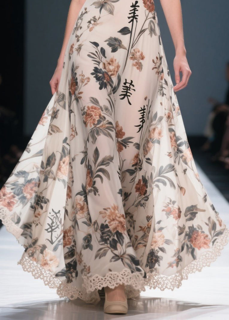 New Retro White Cold Shoulder Print Chiffon Party Dress Summer